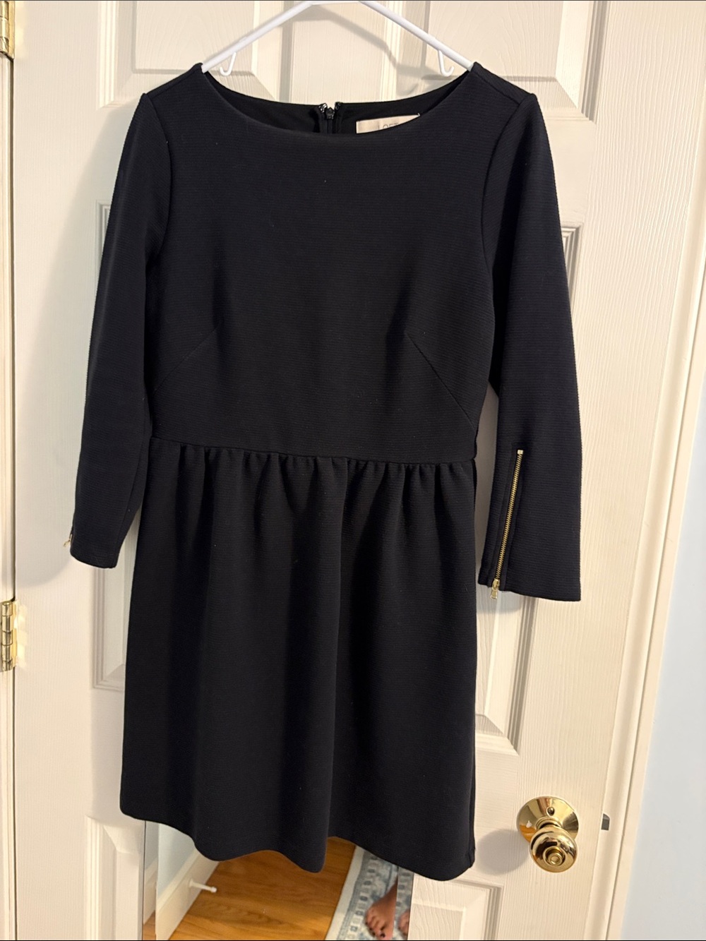 LOFT Black Long-Sleeve Fit-and-Flare Dress with Gold Zipper Accents